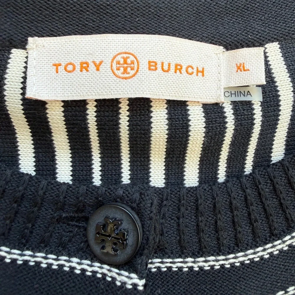 Tory Burch Black White Mixed‎ Pattern Knit Cardigan Sweater XL Cotton Blend Logo